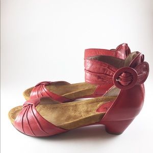Biviel : Red Leather Ankle Strap Heels